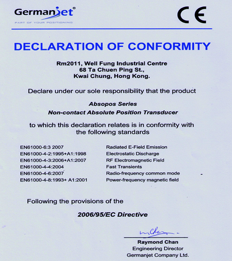 Germanjet磁致伸縮位移傳感器CE認(rèn)證 Germanjet磁致伸縮位移傳感器CE認(rèn)證