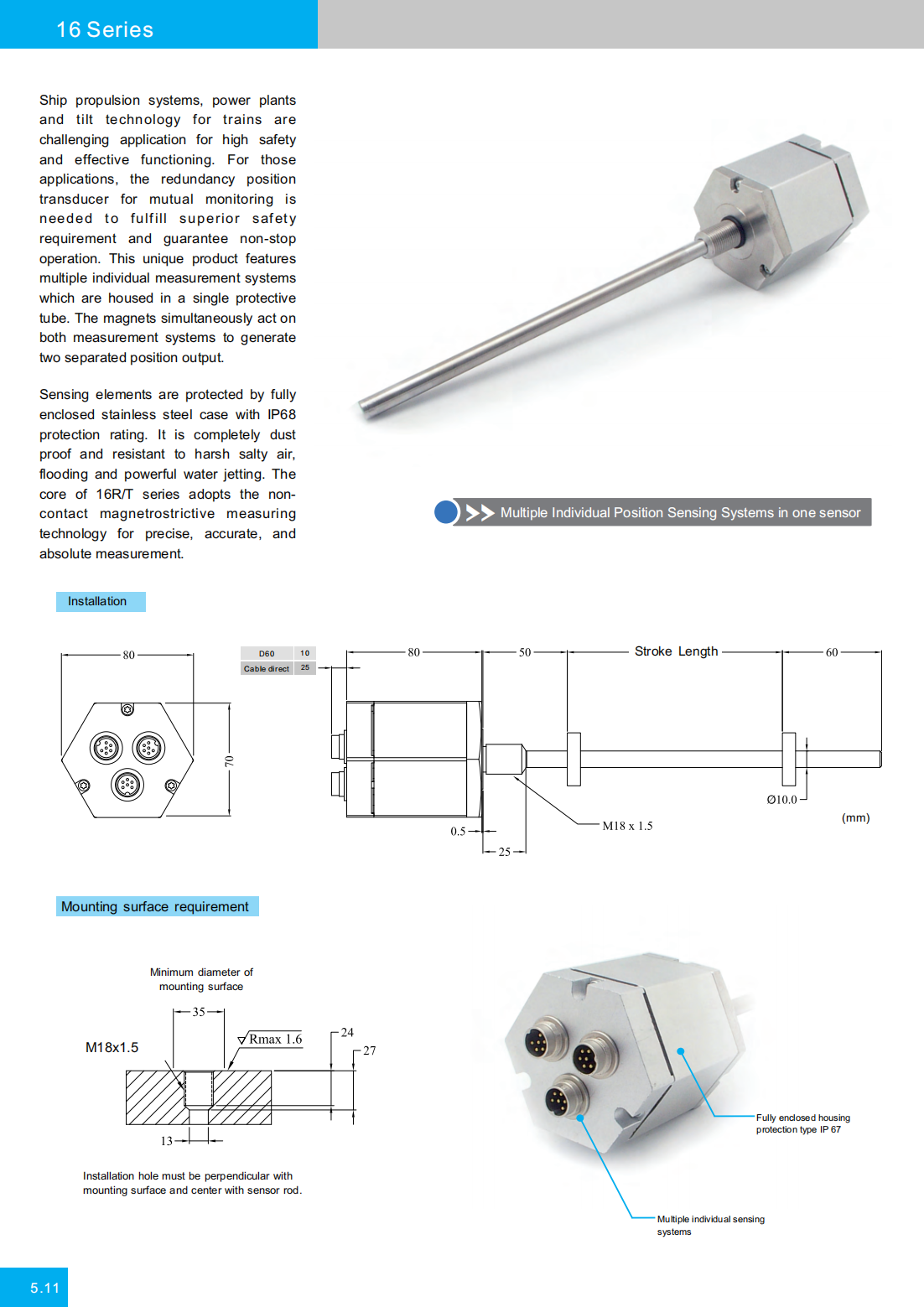 冗余型內(nèi)置油缸磁致伸縮位移傳感器模